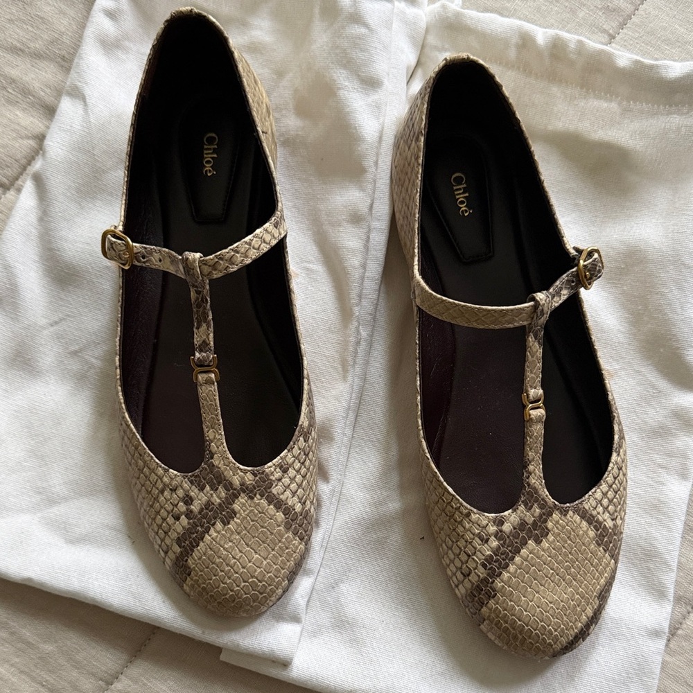 Chloe Beige Snake Print T-Strap Flats